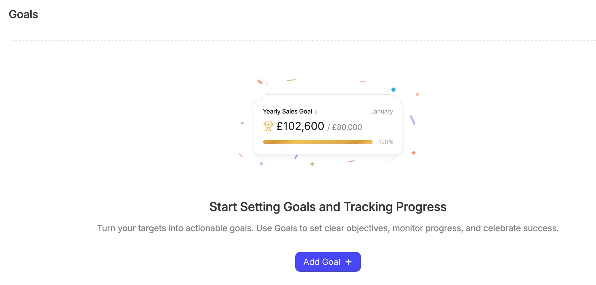 Capsule CRM Goals introductory screen with an Add Goal button and a vendor example of yearly sales goal progress