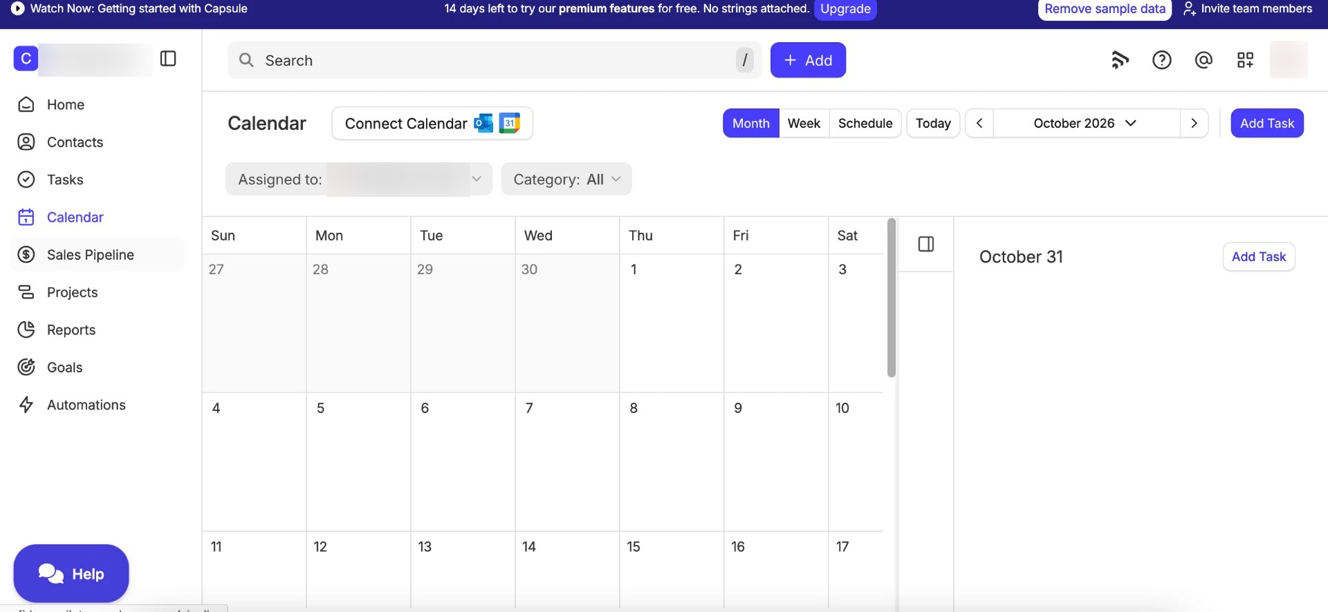Capsule CRM October 2026 calendar showing Month, Week and Schedule views, Google and Outlook connection options and Add Task controls