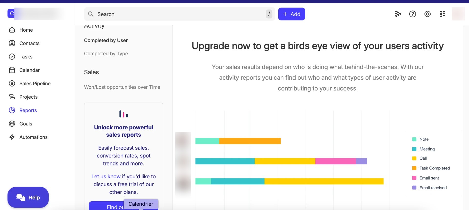 Capsule CRM Reports page showing an upgrade prompt for user activity reporting and a vendor preview chart