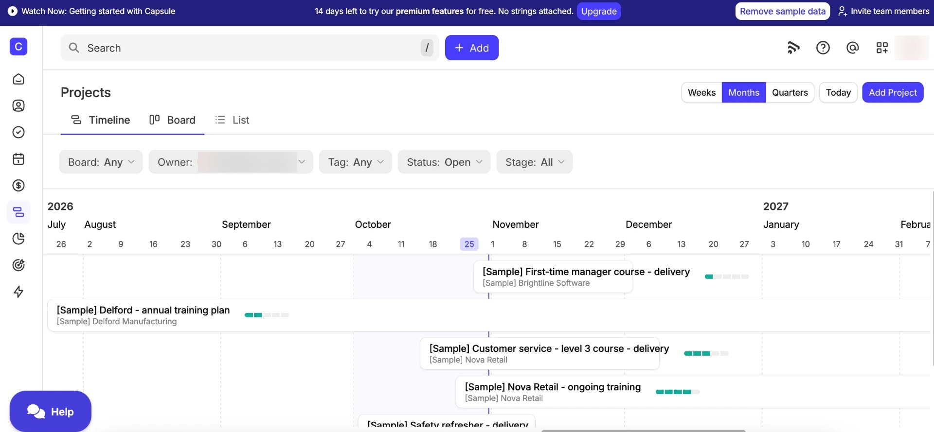 Capsule CRM Projects Timeline with Timeline, Board and List tabs, date controls and sample project progress bars