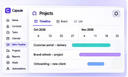 Illustration of Capsule CRM Projects in Timeline view, showing client projects scheduled across October and November 2026