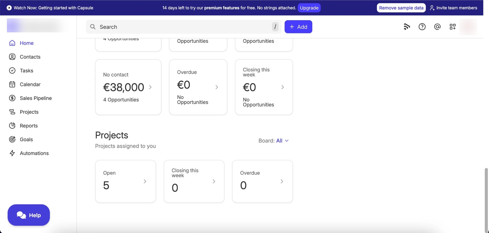 Capsule CRM Home screen showing opportunity values and project overview cards, with the premium trial notice visible