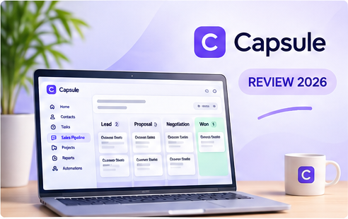 Illustration of the Capsule CRM sales pipeline on a laptop, with Lead, Proposal, Negotiation and Won stages