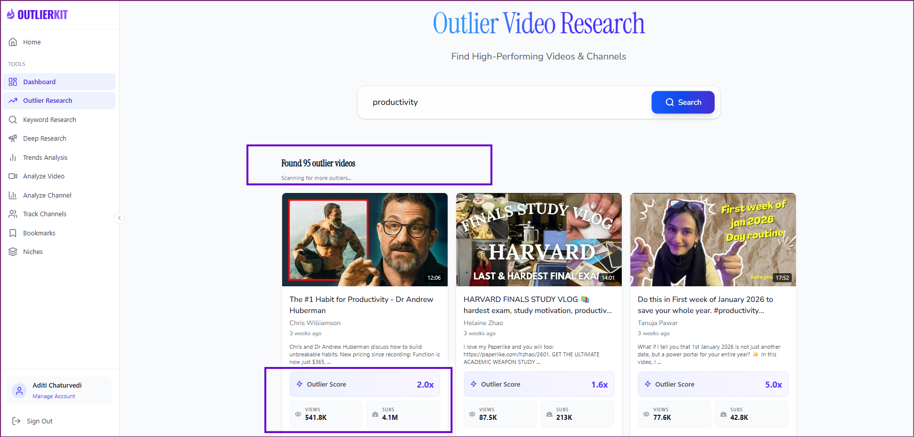 OutlierKit showing YouTube outlier scores for AI and productivity videos