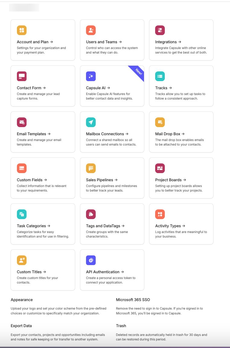 Capsule CRM settings menu with options for account and plan, users and teams, integrations, sales pipelines, project boards, tags and API authentication