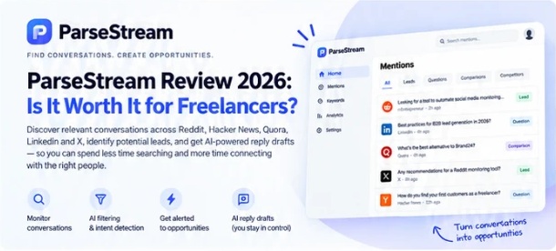 ParseStream review showing conversation monitoring, AI filtering, lead detection and suggested replies