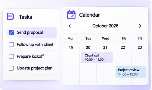 Illustration of Capsule CRM tasks and calendar side by side, with a client call and project review scheduled