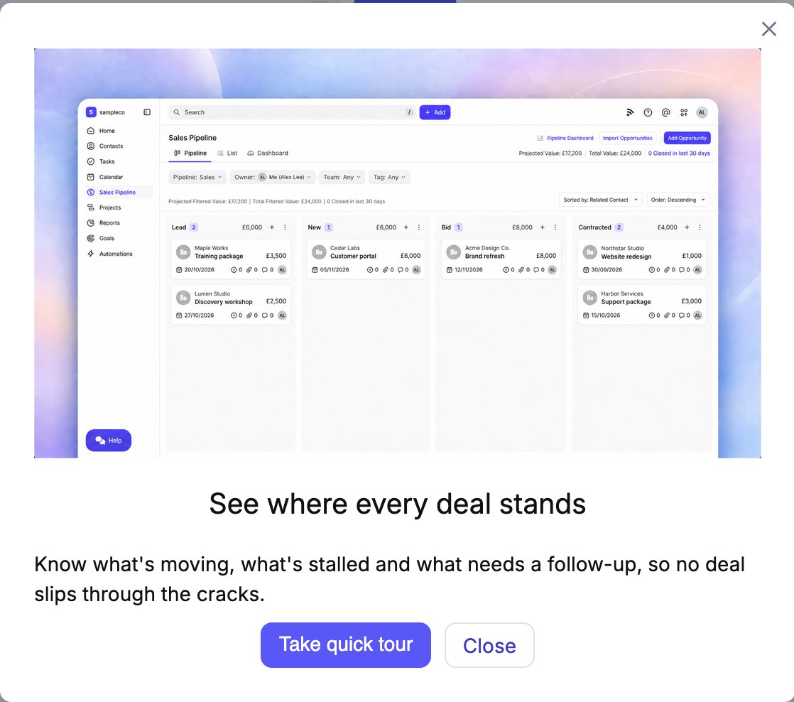 Capsule CRM introductory tour popup showing a sample sales pipeline with Lead, New, Bid and Contracted stages