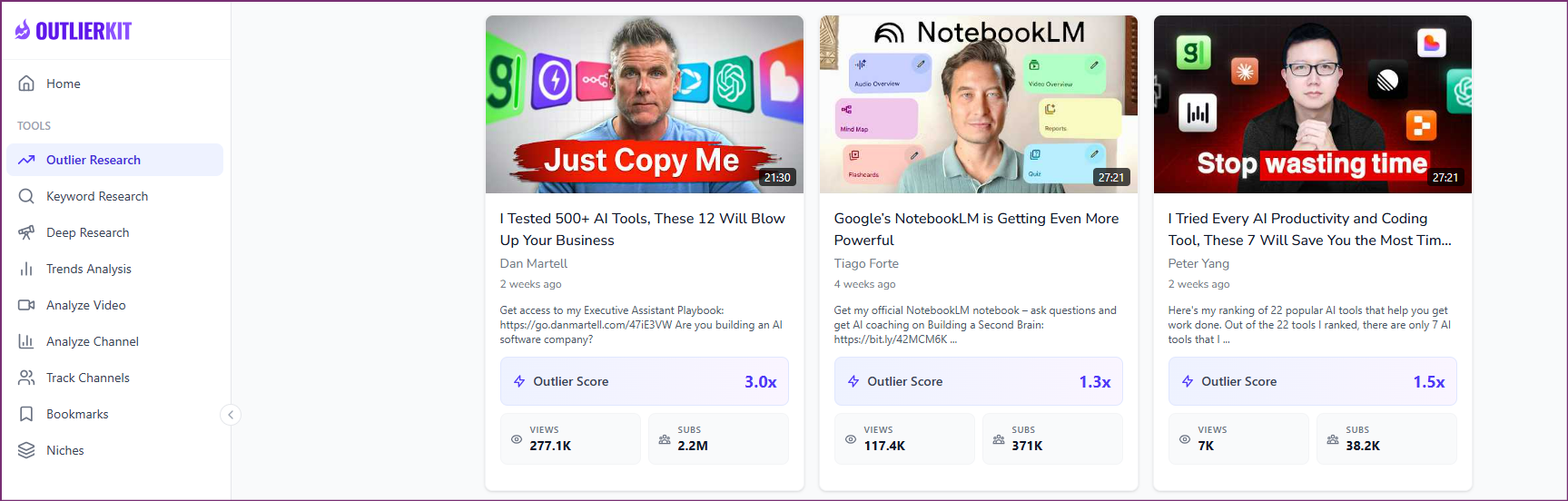 OutlierKit Outlier Research showing YouTube videos and Outlier Scores