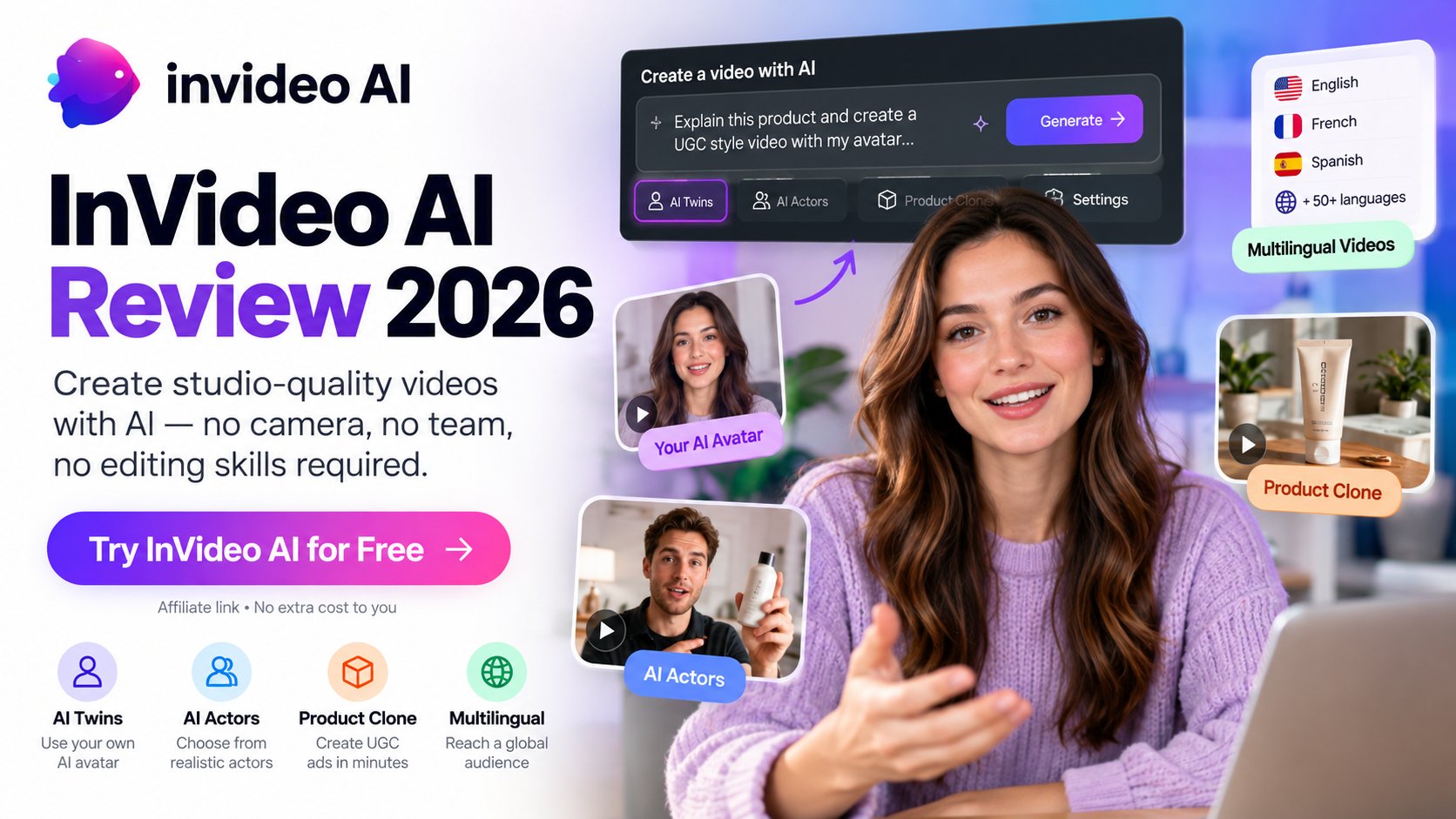 InVideo AI Review 2026 showing AI Twins, AI Actors and Product Clone features