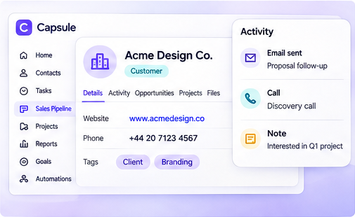 Illustration of a Capsule CRM contact record with details, activity, opportunities, projects and files tabs