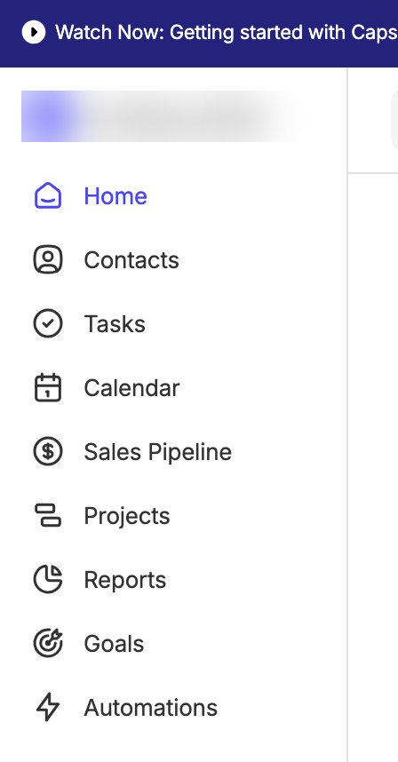 Capsule CRM sidebar with Home, Contacts, Tasks, Calendar, Sales Pipeline, Projects, Reports, Goals and Automations menu items
