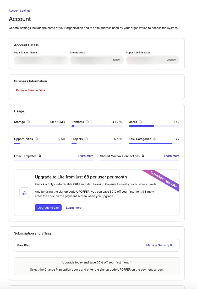Capsule CRM account settings page showing usage limits for storage, contacts, users, opportunities, projects and task categories on the Free plan