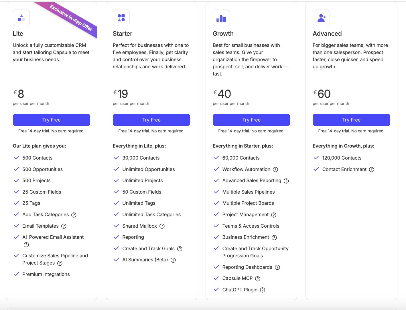 Capsule CRM in-app pricing screen showing the Lite, Starter, Growth and Advanced plans with their monthly per-user prices