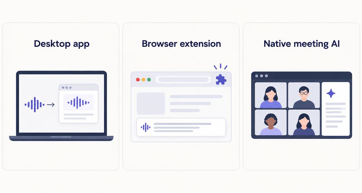 Diagram comparing three bot-free capture methods: a desktop app capturing device audio, a browser extension capturing captions, and native meeting AI built into the video call