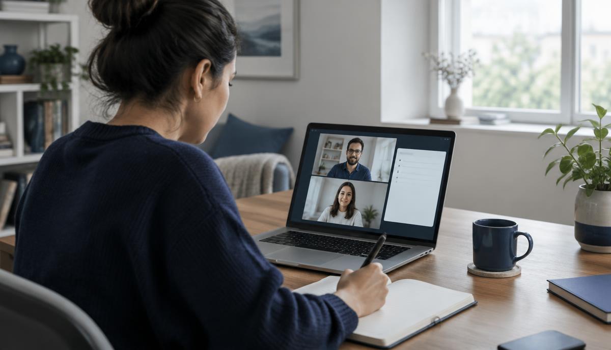 Consultant taking handwritten notes during a video call with two client participants on a laptop