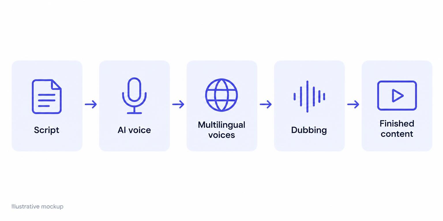 Illustrative workflow showing AI voice generation, multilingual voices and dubbing