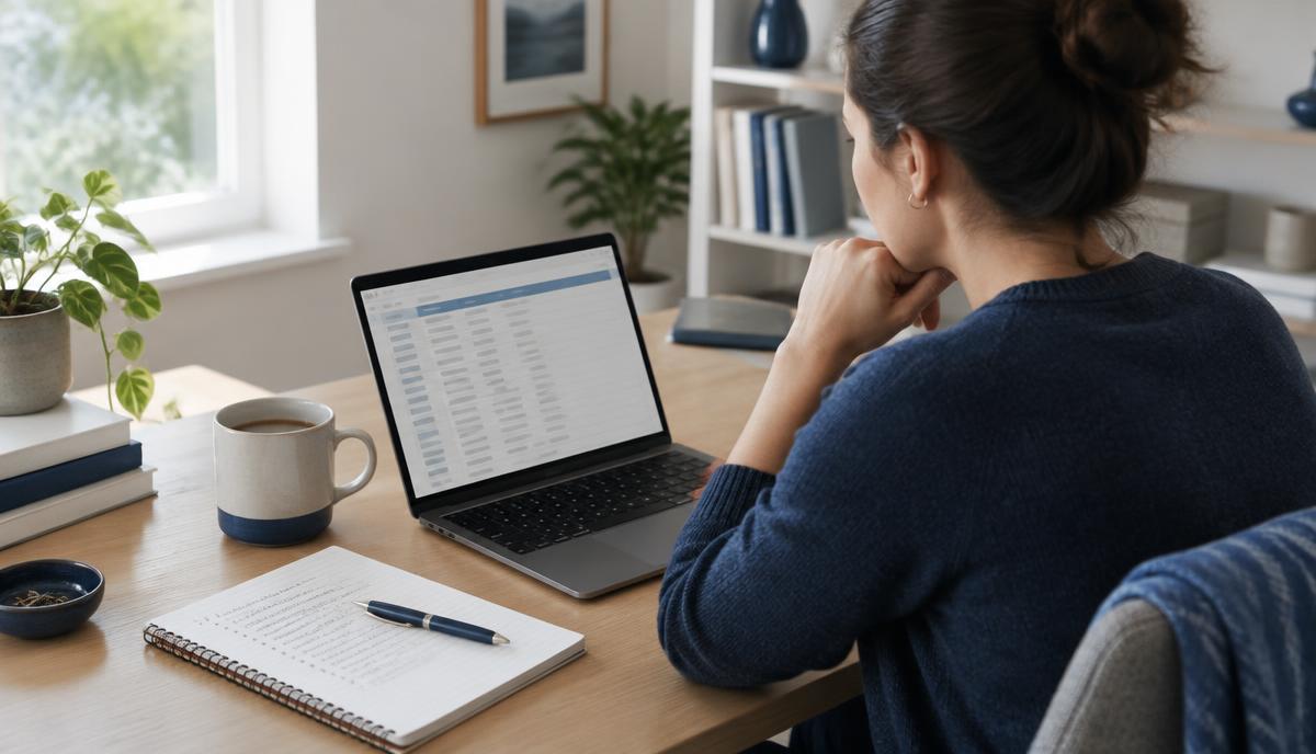 Freelancer at a home office desk reviewing a list of potential client companies on a laptop, with a handwritten prospect list beside it