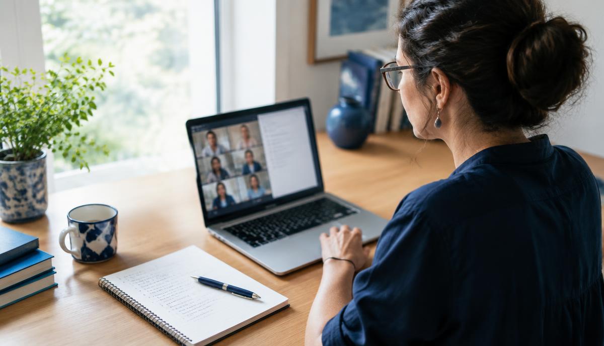 Freelance consultant reviewing meeting notes on a laptop after a video call with international clients