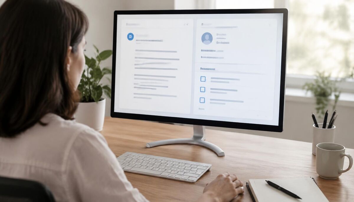 Sales professional at a desktop monitor showing a call summary next to a contact record with a follow-up task list