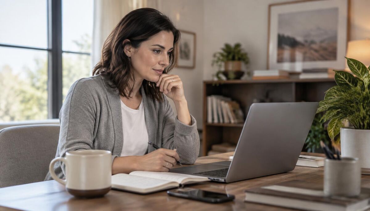 Consultant at a home office desk reviewing notes on a laptop after a video call
